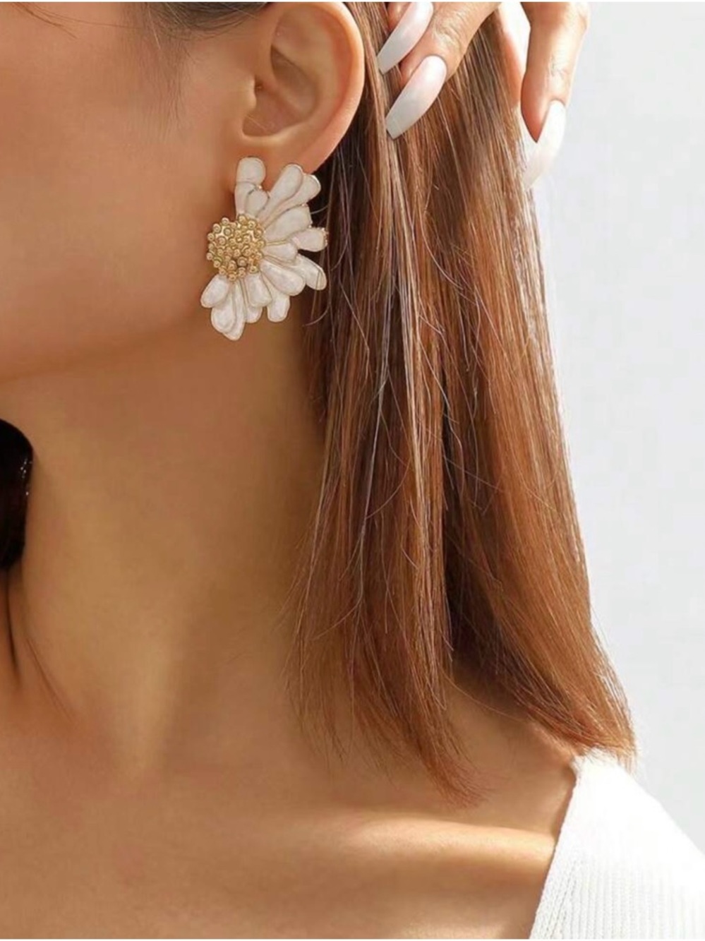 White Floral Statement Earrings with Gold Center